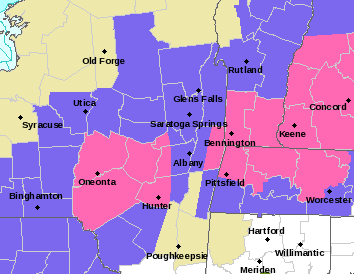 Magenta is Winter Storm Warnings, blue is Winter Weather Advisories