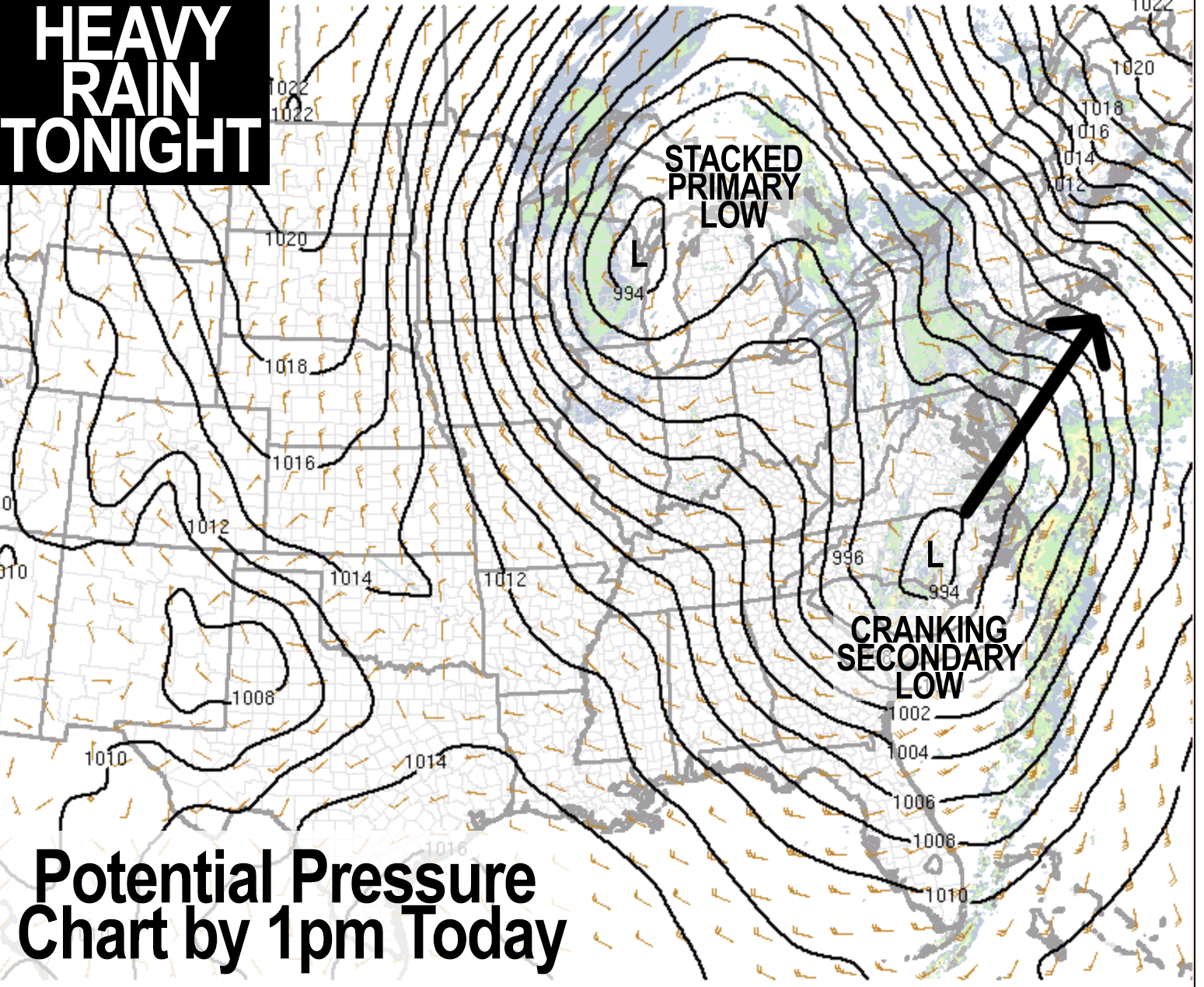 Secondary Low Brings Heavy Rain Tonight