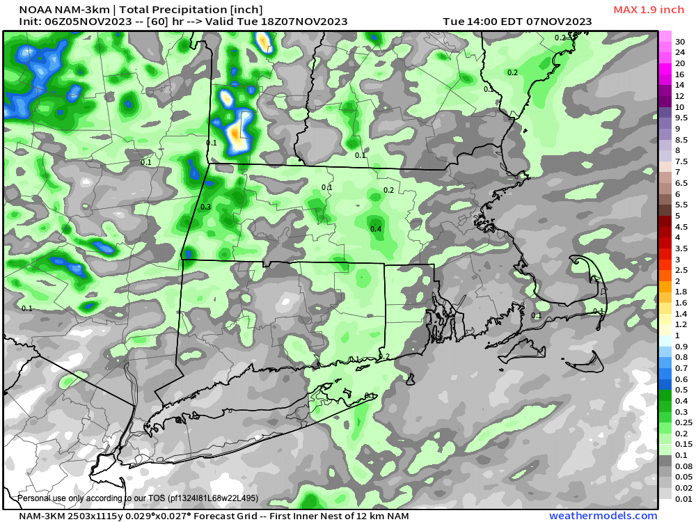 Light rain totals by Tues AM