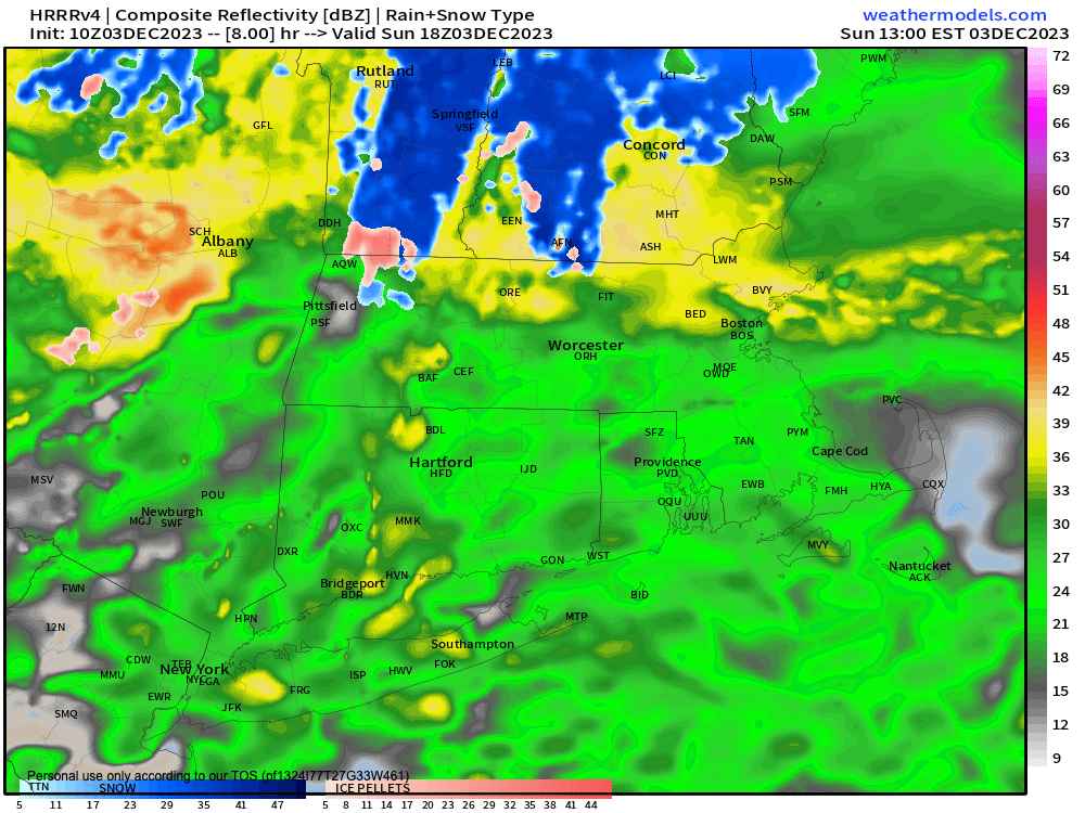 Green is rain, blue is snow